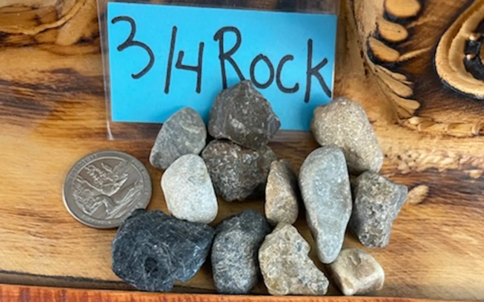 Three-quarter inch rock sample with a quarter for scale