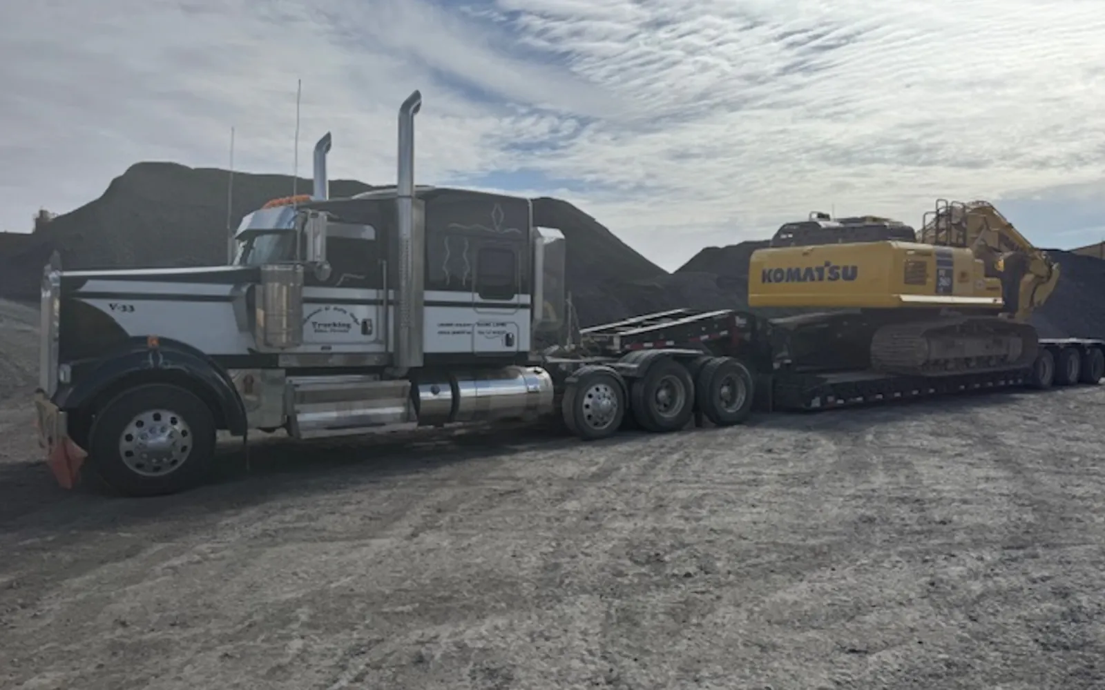 Komatsu shovel loaded for transport